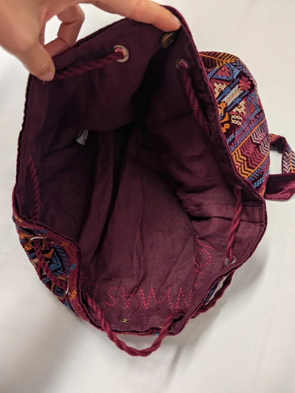 Johnny Was Burgundy Multi Boho Geometric Embroidered Drawstring Backpack Bag